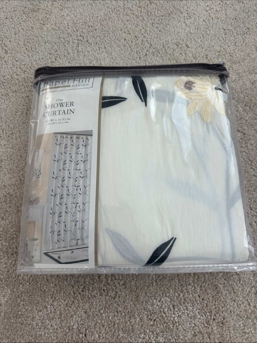 Chapel Hill White Shower Curtain with Black Leaf Design